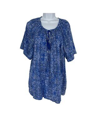 Catherines Blue & White Printed Women's Short Sleeve Tassel Tie Top Size 1X